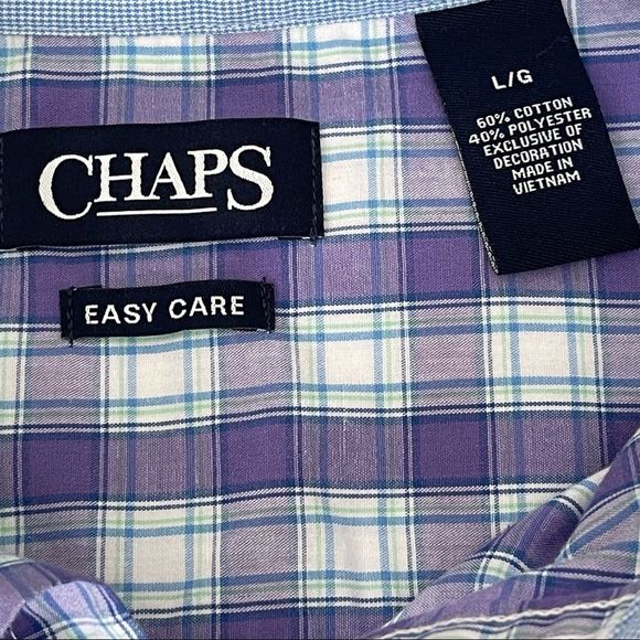 CHAPS Easy Care Purple Plaid Shirt Button Down Preppy Sharp Crest Logo Size L - Picture 3 of 11